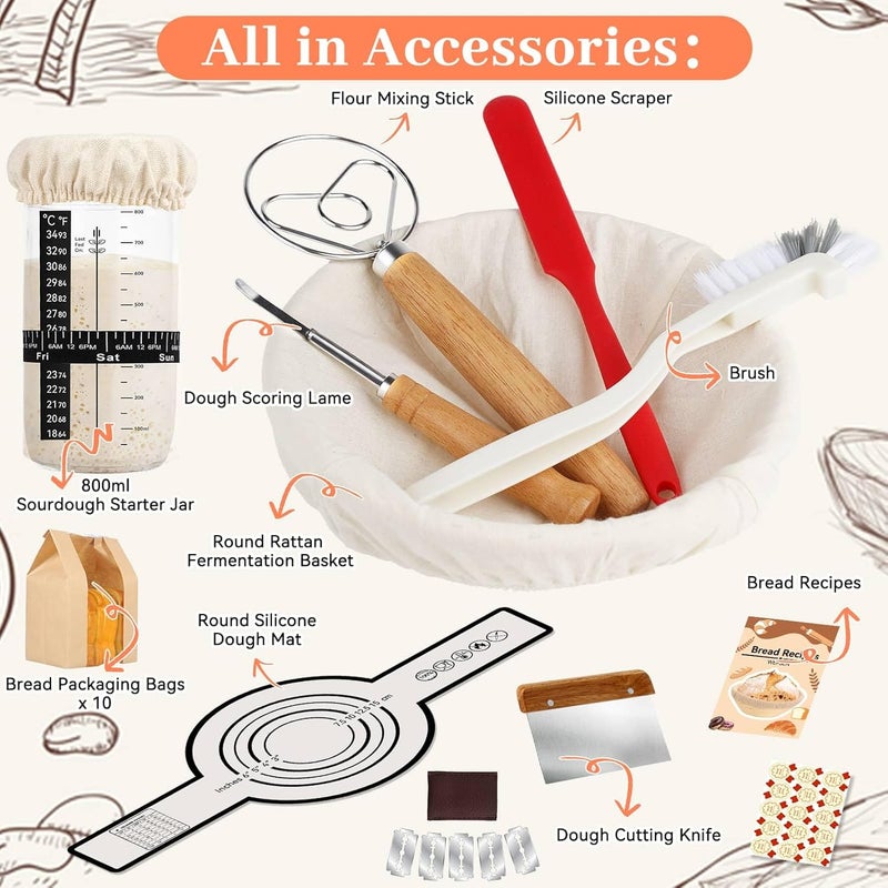 WEPSEN Sourdough Starter Kit,19PCS Banneton Bread Proofing Basket with Glass Sourdough Starter Jar, Sourdough Bread Baking Supplies, 9'' Round Bread Proofing Basket, for Bread Making Baking Fermentation - Image 5